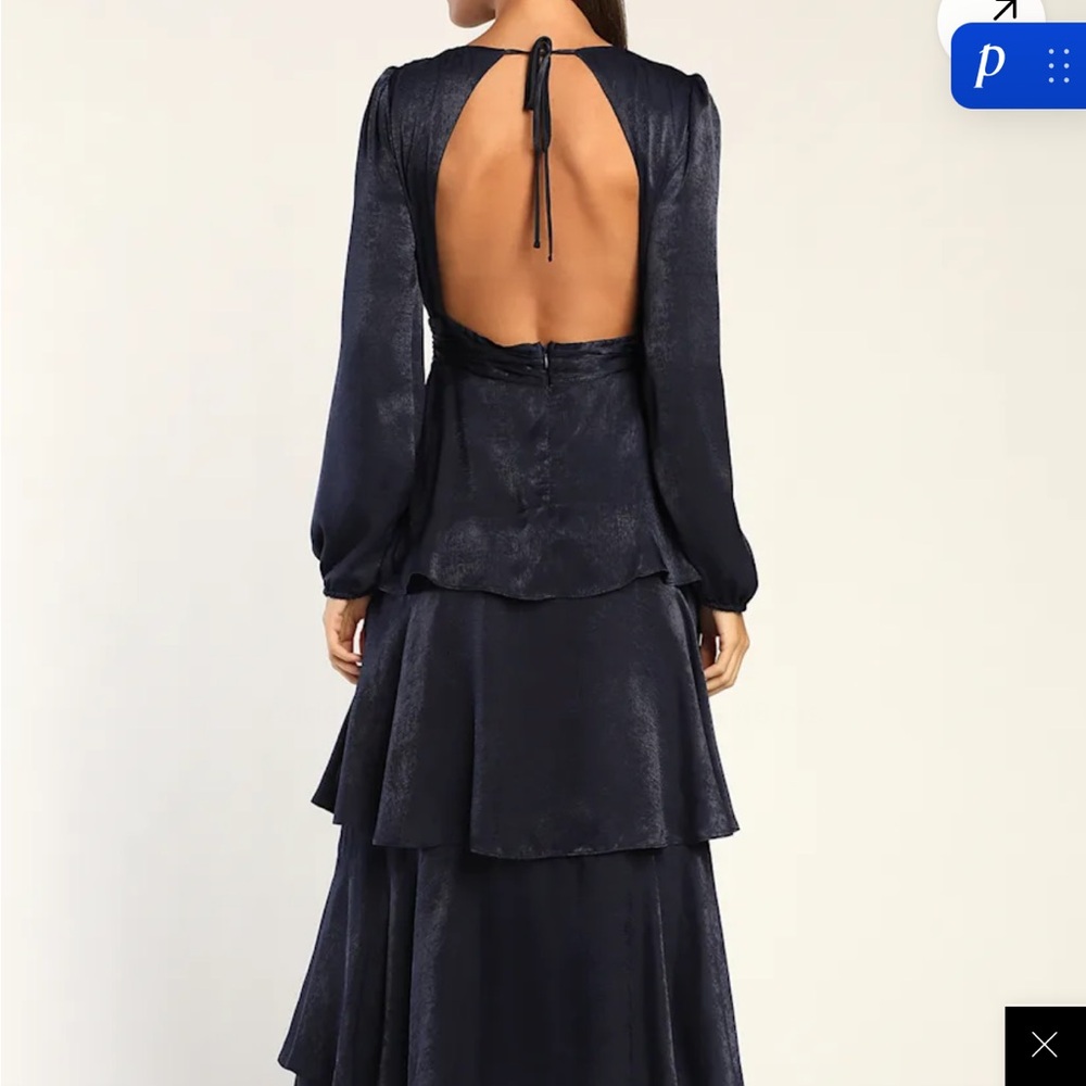 Lulus Tier For Love Navy Blue Satin Long Sleeve Tiered Maxi Dress - Size XS